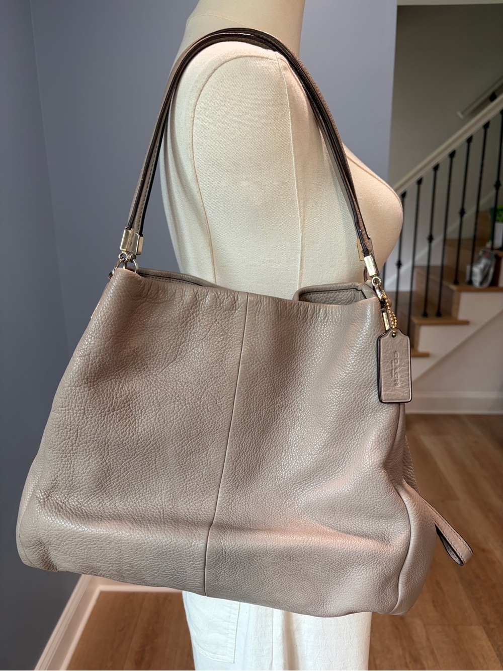 Coach Madison Phoebe Shoulder Bag Gray Birch Taupe Pebbled Leather Hobo